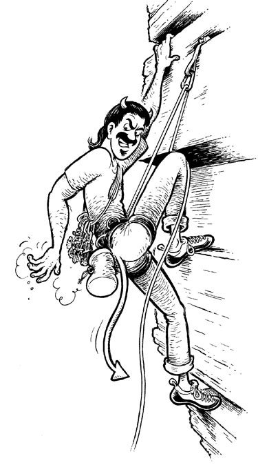Figure 2. Augment that cushy kneebar wi A diagram of how to cheat climbing. The climber pinches the rope with his knee.