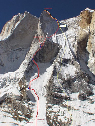 Meru Central’s Northwest Face: Re Meru Central’s Northwest Face: Red line marks the 2006 Czech route, including an attempt to the left of the central prow; yellow line marks…