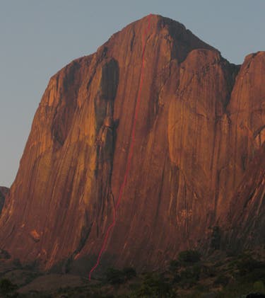The line of Short Cut (5.13a, 16 pitches) on Tsaranoro Be in Madagascar.