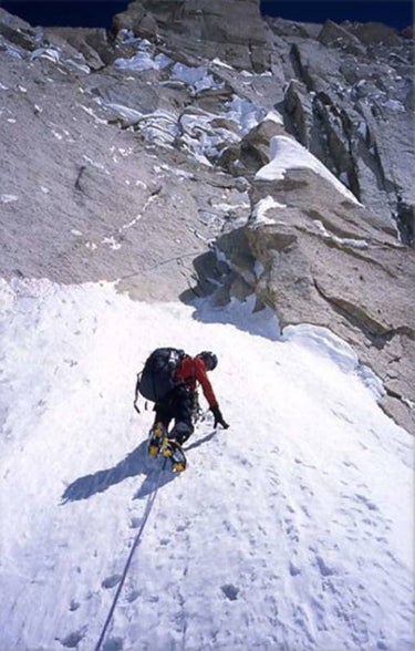 Pumari Chhish South (7,350m), as seen f Pumari Chhish South (7,350m), as seen from base camp at 4,500 meters. The peak to the left, Kunyang Chhish East (7,400m), has been the objective of…