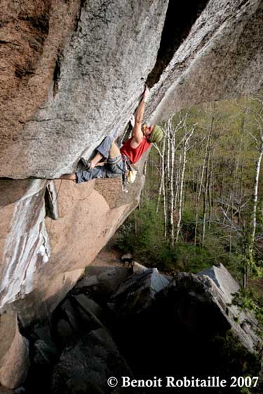 La Zébrée, with Jean-Pier La Zébrée, with Jean-Pierre Ouellet climbing. Sylvain Masse just made the second redpoint ascent of the route, after Ouellet.