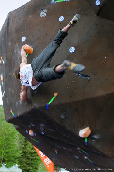 Daniel Woods, three-time winner at the Daniel Woods, three-time winner at the Teva Mountain Games, competes in the finals in 2007. Photo by Steve Woods, Woodsfamilyclimbs.com.