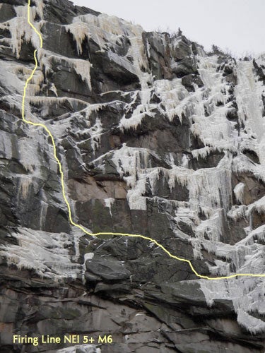 The Firing Line, left of the well-forme The Firing Line, left of the well-formed classic Omega on Cannon Cliff. Photo by Peter Doucette.