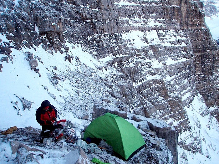 The first bivouac on the north face of The first bivouac on the north face of Mt. Temple in early March. The team bivied again at the top of the face. Photo by Raphael Slawinski.