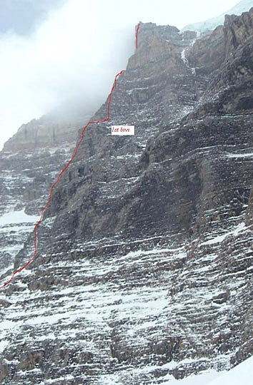 The line of the Greenwood-Jones Route ( The line of the Greenwood-Jones Route (IV/V 5.9 in summer) on Mt. Temple, with the bivouac marked. Photo by Raphael Slawinski.