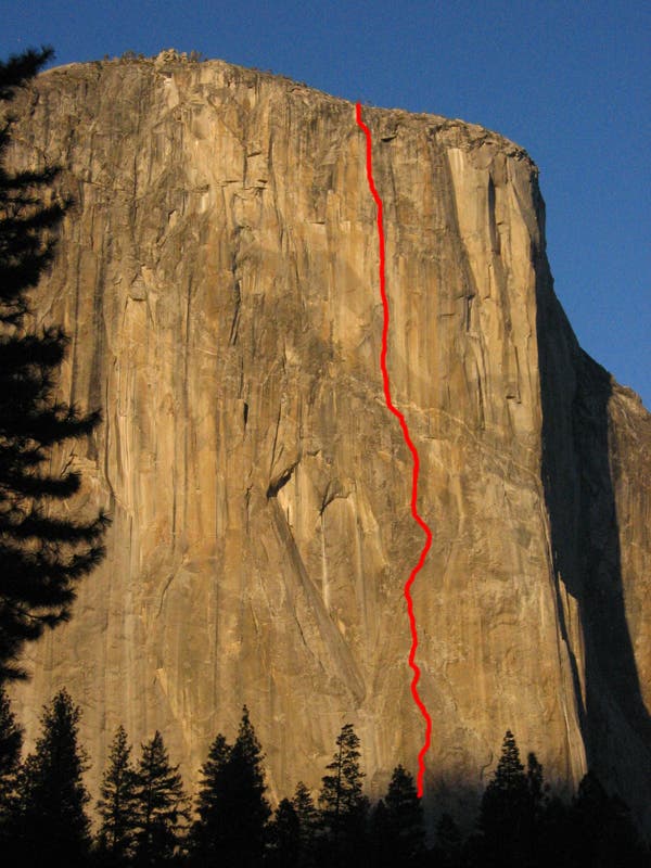 El Capitan at sunset, with the approxim El Capitan at sunset, with the approximate free line of Magic Mushroom (VI 5.13d/14a; FFA: Tommy Caldwell, Justen Sjong, May 2008) drawn in red.…