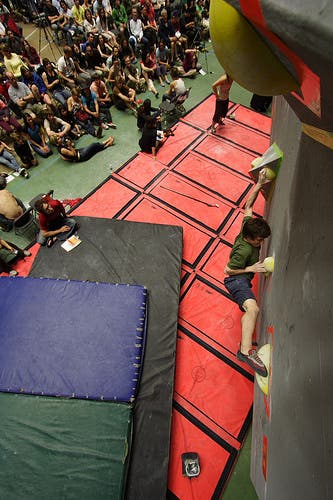 Patrick Valade approaches the finish pi Patrick Valade approaches the finish pinches on Men's Finals Problem 5. Photo by Knut Rokne.