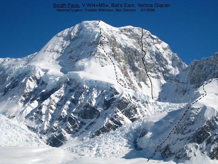 The south face of Bat's Ears in the Ala The south face of Bat's Ears in the Alaska Range. The solid line shows the new route climbed by Ben Gilmore, Maxime Turgeon, and Freddie Wilkinson on…