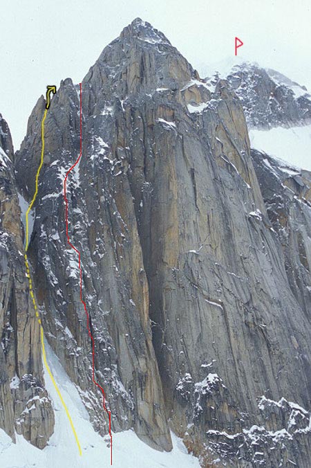 Kichatna Spire from the northwest. The Kichatna Spire from the northwest. The yellow line is The Message or the Money (M6, Smith-Wharton, 2008), which joined the 1966 north ridge route…