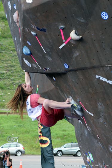 U.S. bouldering champion Alex Puccio on U.S. bouldering champion Alex Puccio on her way to a win in the 2007 Teva Mountain Games. Steve Woods/Woodsfamilyclimbs.com.