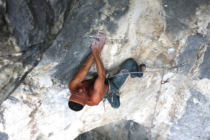 Toni Lamprecht climbing The Devil, You Toni Lamprecht climbing The Devil, You and Me (XI/5.14+) at Kochel in southern Germany. Photo by Margit Memminger.