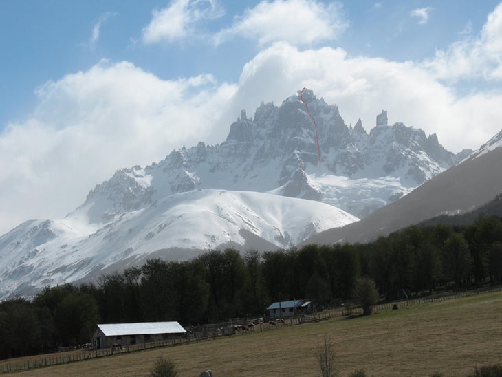 Buhler blazing the way on day one of th Buhler blazing the way on day one of their assult of the unclimbed East Face of Cerro Castillo. Photo by Joan Solé Rovirosa.
