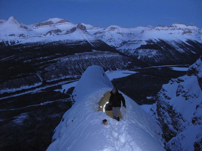 Simms and Walsh found this superb bivouac on a rib between two gullies partway up the face. Courtesy of Jon Walsh.