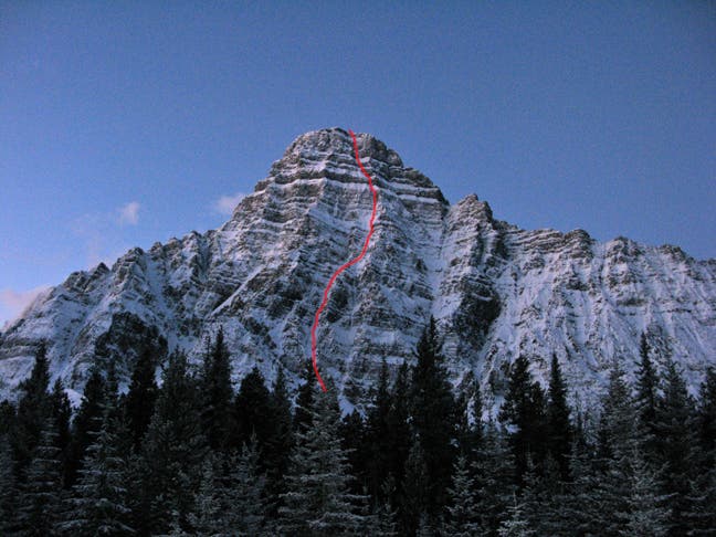 The 4,300-foot east face of Mt. Chephren, with The Wild Thing marked. Courtesy of Jon Walsh.