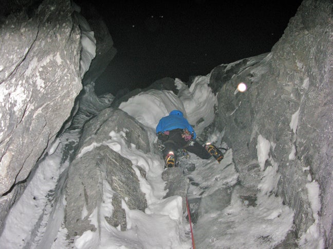 Walsh leads the second-to-last pitch on Walsh leads the second-to-last pitch on the face, after dark on the second day. Photo by Jon Simms.
