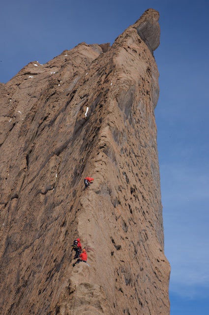 Spectacular climbing on the wind-carved Spectacular climbing on the wind-carved north buttress of Holtanna, the line of the tower’s first free ascent: Skywalk (450m, 5.10). Courtesy…