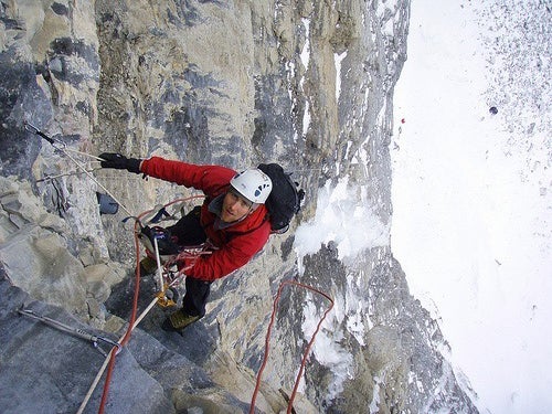 Brandon Pullan cleaning high on The Jim Brandon Pullan cleaning high on The Jimmy Skid Rig. Photo by Will Meinen / Blog.Mountainhardwear.com.