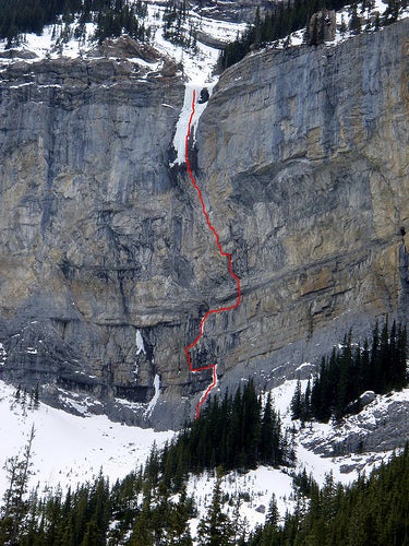 The Jimmy Skid Rig (300m, WI5 M12) on t The Jimmy Skid Rig (300m, WI5 M12) on the northeast face of Pigeon Mountain, Alberta. “Because of the wandering and overhanging nature of the…