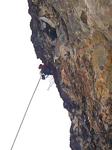 Will Gadd working on the crux pitch of Will Gadd working on the crux pitch of The Jimmy Skid Rig (300m, WI5 M12) in Alberta. Photo by Will Meinen / Blog.Mountainhardwear.com.