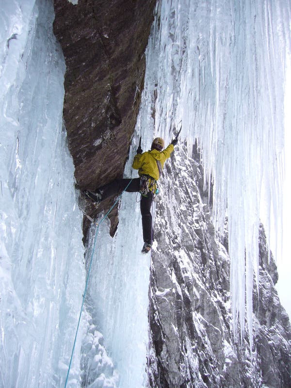 Robert Jasper climbing on Fosslimonster Robert Jasper climbing on Fosslimonster (800m, M8+ WI6+). Photo courtesy of Robert Jasper.