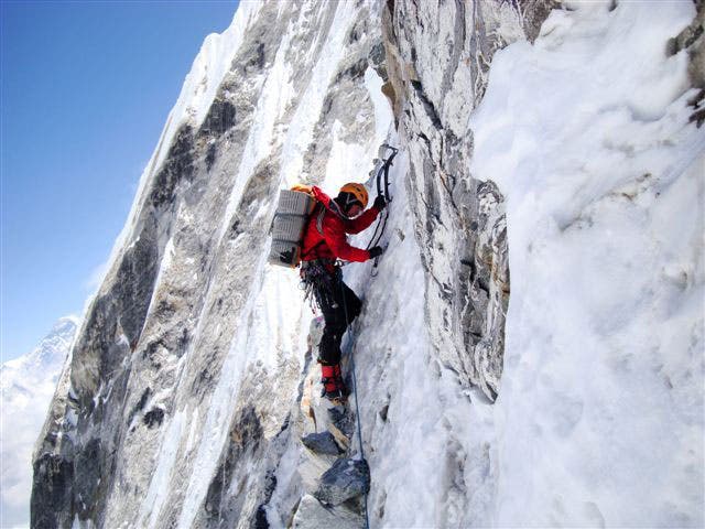 Simon Anthamatten climbing on the north Simon Anthamatten climbing on the north face of Tengkampoche in Nepal. Courtesy of Ueli Steck.