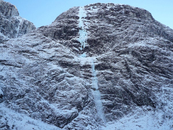 The line of Fosslimonster (800m, M8+ WI The line of Fosslimonster (800m, M8+ WI6+): World-class difficulty on an ice climb the size of El Capitan. Photo courtesy of Robert Jasper.