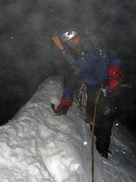 A very tired David Gottlieb arrives at A very tired David Gottlieb arrives at the bivy site at 6,500 meters after 21 hours of climbing. Photo by Joe Puryear / Climbnepal.blogspot.com.
