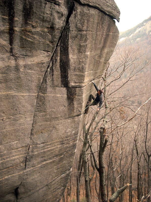 Dave Sharratt on the beautiful new sport climb The Bad (5.14b), with the traditionally protected crack climb The Good just to the left. Photo by Matt…