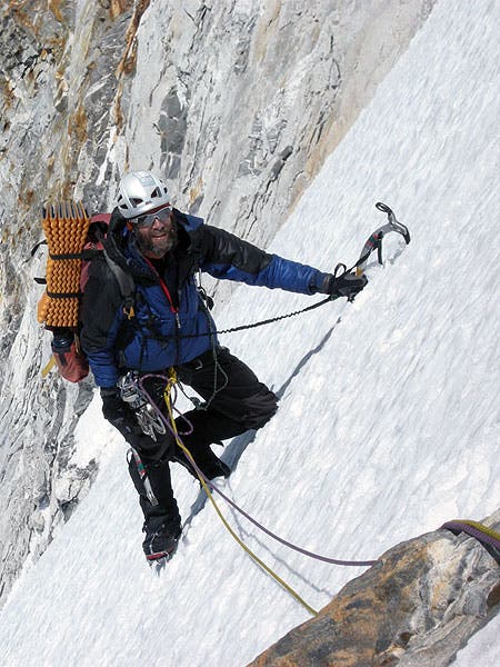 David Gottlieb following an ice pitch o David Gottlieb following an ice pitch on the 1,700-meter south face of Jobo Rinjang. On the first day of the ascent, the two men climbed 1,400 meters…