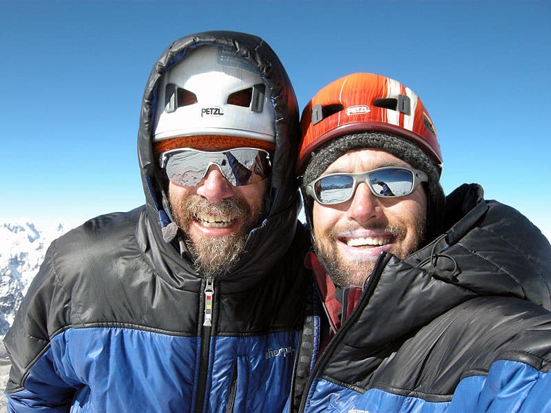 David Gottlieb (left) and Joe Puryear o David Gottlieb (left) and Joe Puryear on the summit of Jobo Rinjang after the first ascent. Photo by Joe Puryear / Climbnepal.blogspot.com.