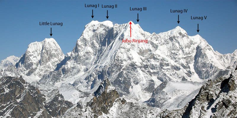 The Lunag massif, on the border of Nepal and Tibet, near Nangpa La. The south face of Jobo Rinjang is the large ice wall dropping down and left from…