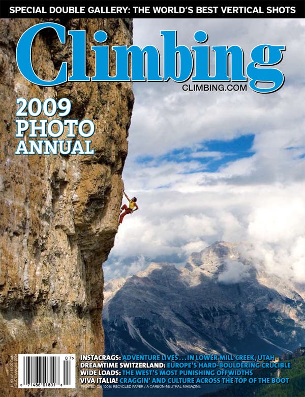Cover: Dolomites heaven — Mauro Doragati climbs Fotuk (5.12b), Cinque Torri, Italy. Photo: Damon Corso /petrala.com