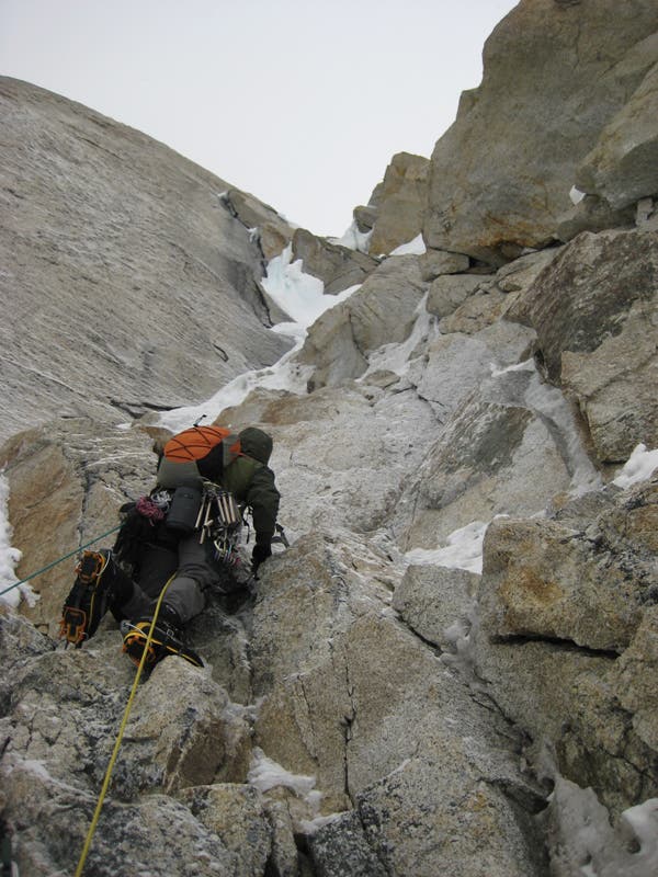 Rick Vance climbing on Community College Couloir, a 1,000-foot variation to the Harvard Route on the west face of Mt. Huntington. Photo by Chris…