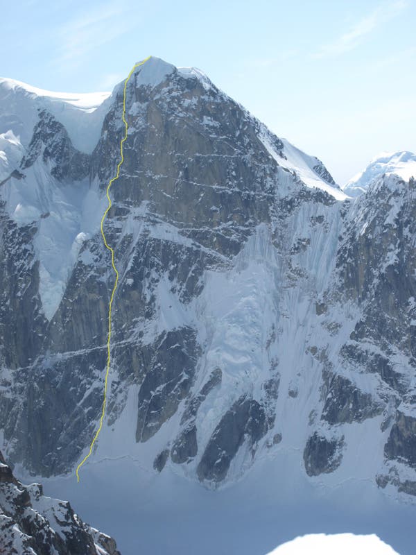 The circa 4,000-foot north face of Thunder Mountain, with the line of Tangled Up in Blue ((VI- WI6? M6/7?), climbed by Jay Smith and Jack Tackle in…