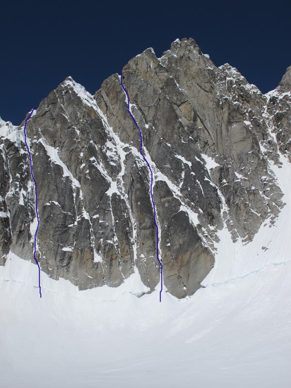 The Scottish Wall: Lagavulin (III- 5.10 WI4+, pitches) on the left, and The Black Pearl (V WI5+ M6, 8 pitches) on the right. Photo by Jack Tackle.