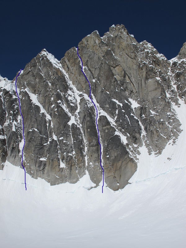 The Scottish Wall: Lagavulin (III- 5.10 The Scottish Wall: Lagavulin (III- 5.10 WI4+, pitches) on the left, and The Black Pearl (V WI5+ M6, 8 pitches) on the right. Photo by Jack Tackle.