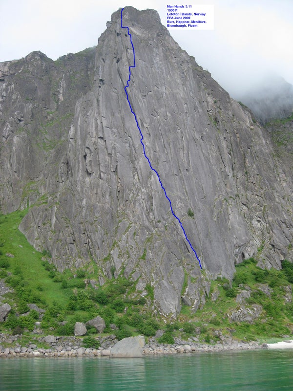 Man Hands (IV 5.11) is located on one o Man Hands (IV 5.11) is located on one of Lofoton's many mountainous islands. Photo by Rob Pizem