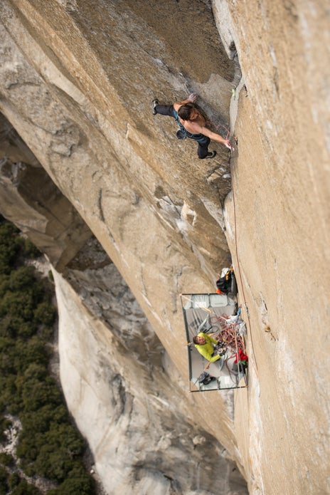 Man ascends Dawn Wall of El Capitan, Yosemite.