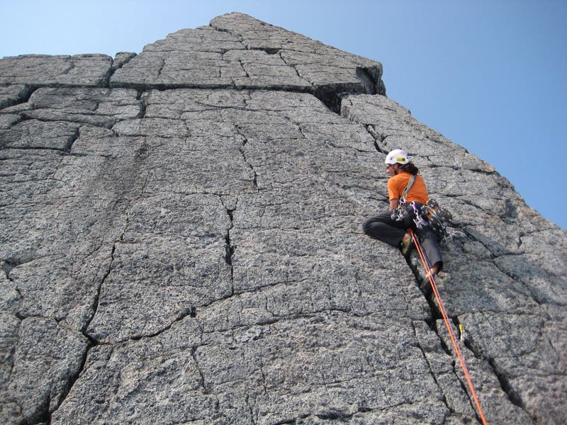 Jason Nelson leads the headwall on the Jason Nelson leads the headwall on the southeast ridge of Mendenhall Tower. Photo by Blake Herrington.