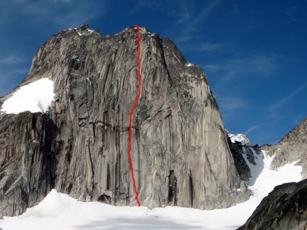 The big-wall east face of Snowpatch Spi The big-wall east face of Snowpatch Spire, with the line of Sendero Norte marked. Courtesy of Jason Kruk / http://www.JasonKruk.net.
