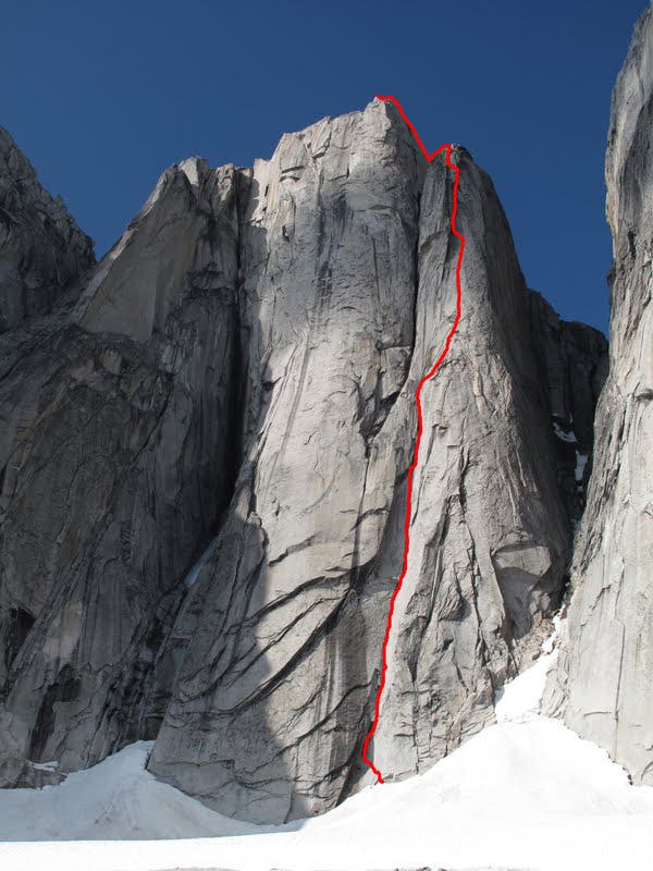 The line of the first free ascent of the west face of Central Howser Spire, via the North Vancouver/Miami Variation to Chocolate Fudge Brownie.…
