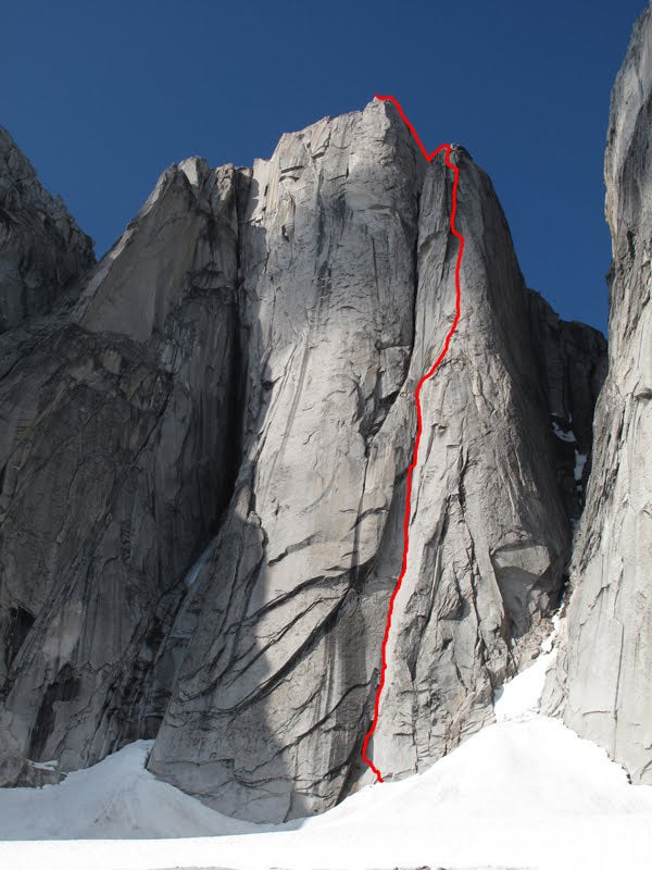 The line of the first free ascent of th The line of the first free ascent of the west face of Central Howser Spire, via the North Vancouver/Miami Variation to Chocolate Fudge Brownie.…