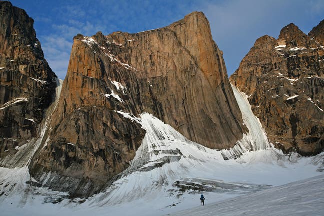 Brazeau approaches Mt. Walle, on which Brazeau approaches Mt. Walle, on which the two Canadians repeated a 16-pitch 5.12- A0 in a single long day. Photo by Jon Walsh.