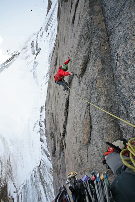 Brazeau following a steep pitch on Mt. Brazeau following a steep pitch on Mt. Walle. Photo by Jon Walsh.