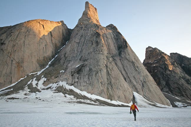 Chris Brazeau approaching the east face Chris Brazeau approaching the east face of Asgard’s North Tower. Brazeau and Walsh established an 800-meter, mostly free, probable new route in…