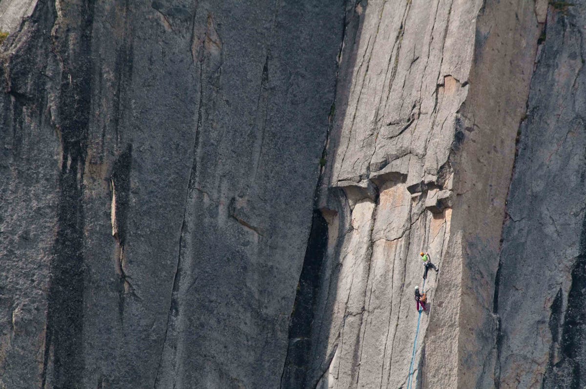 Ines Papert and Lisi Steurer making the first free ascent of Riders on the Storm (5.12d) on East Huey Spire, Cirque of the Unclimbables, Canada.…