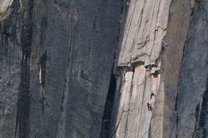 Ines Papert and Lisi Steurer making the Ines Papert and Lisi Steurer making the first free ascent of Riders on the Storm (5.12d) on East Huey Spire, Cirque of the Unclimbables, Canada.…