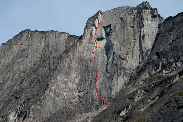 The line of Power of Silence (5.13a, 11 pitches) on Middle Huey Spire. Photo courtesy of Ines Papert / www.ines-papert.de.
