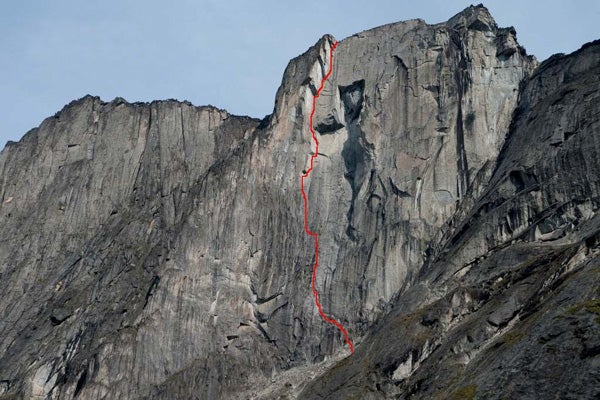 The line of Power of Silence (5.13a, 11 The line of Power of Silence (5.13a, 11 pitches) on Middle Huey Spire. Photo courtesy of Ines Papert / www.ines-papert.de.