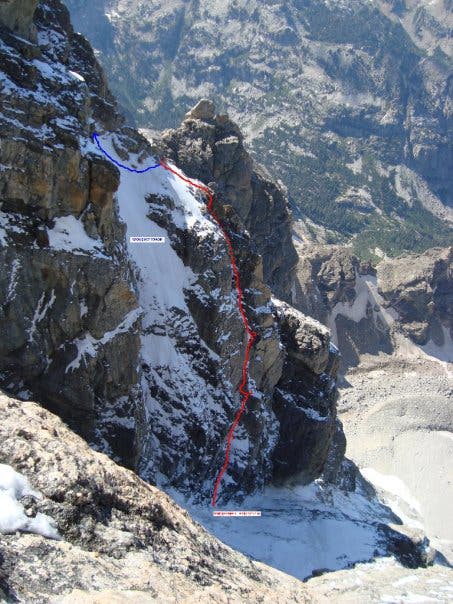Training Wheels (IV, M4, AI3, 5.6, A1), the Enclosure, Grand Teton, Wyoming.  Photo by Landon Wiedenman courtesy of Paul Rachele
